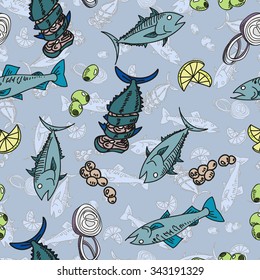 Seamless pattern background with fish, onion, roe, olive and lemon. Restaurant set of food. Vector illustration.