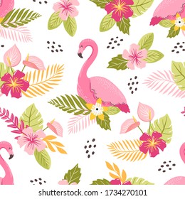 Seamless pattern background with flamingo bird and tropical leaves, palm branches and hibiscusl colorful flowers. Repeating texture for fabric, textile, stationery, branding.