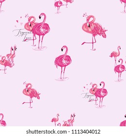Seamless pattern background with flamingo. Hand drawn watercolor style illustration. Tropical exotic birds - symbol of fashion, luxury and love on endless repeatable backdrop.