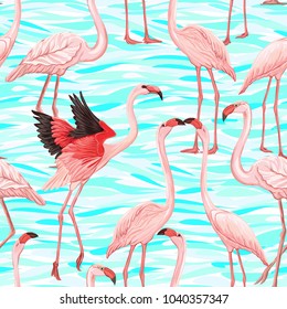 Seamless pattern, background with flamingo  on blue sea  background.   Hand drawn colorful vector illustration without transparent and gradients.