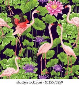 Seamless pattern, background with flamingo and tropical plants on black background.   Hand drawn colorful vector illustration without transparent and gradients.