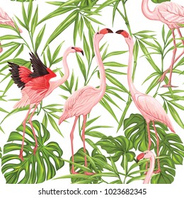 Seamless pattern, background with flamingo and tropical plants on white background.   Hand drawn colorful vector illustration without transparent and gradients.