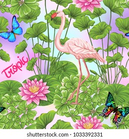 Seamless pattern, background with flamingo and tropical plants on vanilla background.   Hand drawn colorful vector illustration without transparent and gradients.