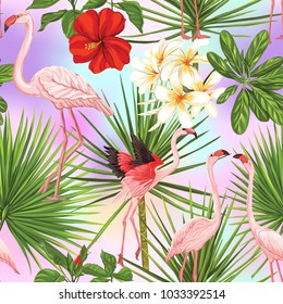 Seamless pattern, background with flamingo and tropical plants on vanilla background.   Hand drawn colorful vector illustration without transparent and gradients.