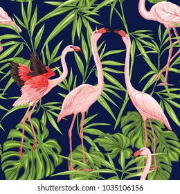 Seamless pattern, background with flamingo and tropical plants on black background.   Hand drawn colorful vector illustration without transparent and gradients.