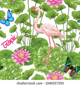 Seamless pattern, background with flamingo and tropical plants on white background.   Hand drawn colorful vector illustration without transparent and gradients.