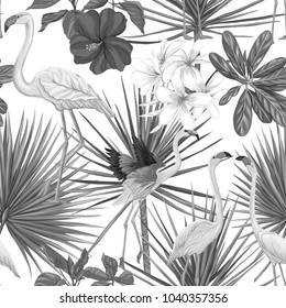 Seamless pattern, background with flamingo and tropical plants.  Hand drawn monochrome vector illustration without transparent and gradients.
