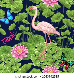 Seamless pattern, background with flamingo and tropical plants on black background.   Hand drawn colorful vector illustration without transparent and gradients.