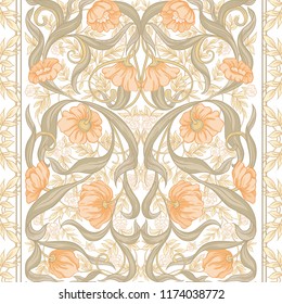  Seamless pattern, background with Floral pattern in art nouveau style, vintage, old, retro style. Colored vector illustration. In soft orange and green colors
