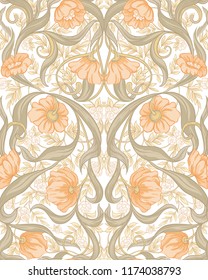  Seamless pattern, background with Floral pattern in art nouveau style, vintage, old, retro style. Colored vector illustration. In soft orange and green colors
