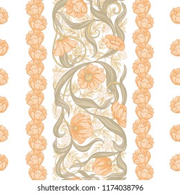  Seamless pattern, background with Floral pattern in art nouveau style, vintage, old, retro style. Colored vector illustration. In soft orange and green colors
