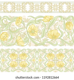  Seamless pattern, background with Floral pattern in art nouveau style, vintage, old, retro style. Colored vector illustration. In soft yellow and green colors.
