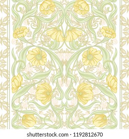  Seamless pattern, background with Floral pattern in art nouveau style, vintage, old, retro style. Colored vector illustration. In soft yellow and green colors.
