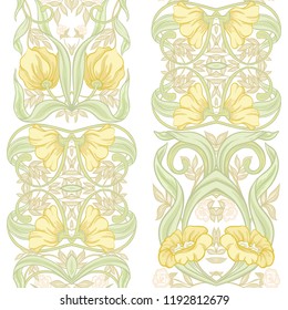 Seamless pattern, background with Floral pattern in art nouveau style, vintage, old, retro style. Colored vector illustration. In soft yellow and green colors.
