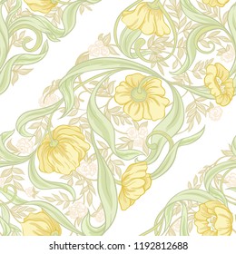  Seamless pattern, background with Floral pattern in art nouveau style, vintage, old, retro style. Colored vector illustration. In soft yellow and green colors.
