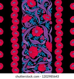  Seamless pattern, background with Floral pattern in art nouveau style, vintage, old, retro style. Colored vector illustration. In red, pink, blue, ultraviolet colors