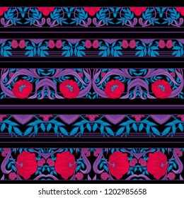  Seamless pattern, background with Floral pattern in art nouveau style, vintage, old, retro style. Colored vector illustration. In red, pink, blue, ultraviolet colors