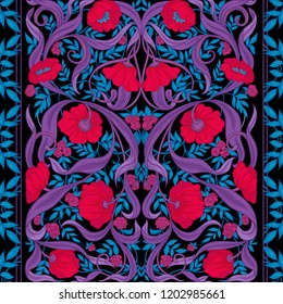  Seamless pattern, background with Floral pattern in art nouveau style, vintage, old, retro style. Colored vector illustration. In red, pink, blue, ultraviolet colors
