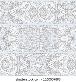  Seamless pattern, background with Floral pattern in art nouveau style, vintage, old, retro style. Colored vector illustration. In vintage blue and beige colors.