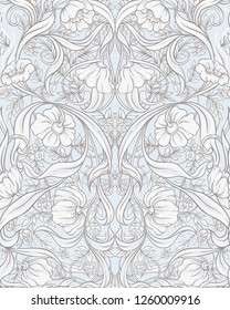  Seamless pattern, background with Floral pattern in art nouveau style, vintage, old, retro style. Colored vector illustration. In vintage blue and beige colors.
