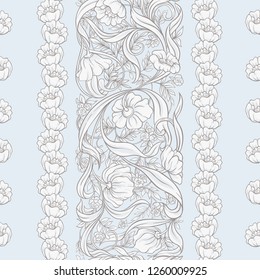  Seamless pattern, background with Floral pattern in art nouveau style, vintage, old, retro style. Colored vector illustration. In vintage blue and beige colors.