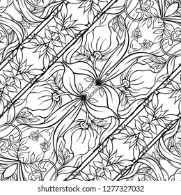  Seamless pattern, background with Floral pattern in art nouveau style, vintage, old, retro style. Outline hand drawing vector illustration.