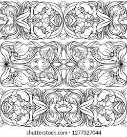  Seamless pattern, background with Floral pattern in art nouveau style, vintage, old, retro style. Outline hand drawing vector illustration.