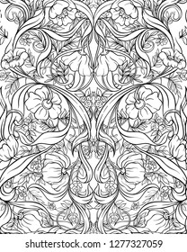  Seamless pattern, background with Floral pattern in art nouveau style, vintage, old, retro style. Outline hand drawing vector illustration.