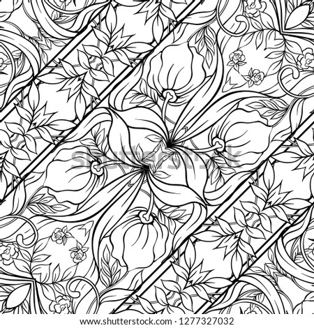 Seamless pattern, background with Floral pattern in art nouveau style, vintage, old, retro style. Outline hand drawing vector illustration.