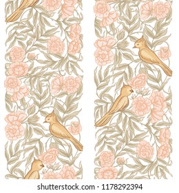  Seamless pattern, background with Floral pattern with birds in art nouveau style, vintage, old, retro style. Colored vector illustration. In soft orange and green colors
