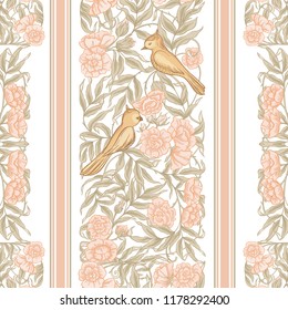  Seamless pattern, background with Floral pattern with birds in art nouveau style, vintage, old, retro style. Colored vector illustration. In soft orange and green colors
