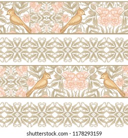  Seamless pattern, background with Floral pattern with birds in art nouveau style, vintage, old, retro style. Colored vector illustration. In soft orange and green colors
