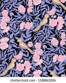  Seamless pattern, background with Floral pattern with birds in art nouveau style, vintage, old, retro style. Colored vector illustration. In blue and pink colors.
