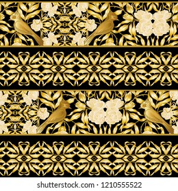  Seamless pattern, background with Floral pattern with birds in art nouveau style, vintage, old, retro style. Colored vector illustration. In gold and black
