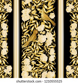  Seamless pattern, background with Floral pattern with birds in art nouveau style, vintage, old, retro style. Colored vector illustration. In gold and black