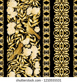 Seamless pattern, background with Floral pattern with birds in art nouveau style, vintage, old, retro style. Colored vector illustration. In gold and black