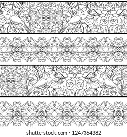  Seamless pattern, background with Floral pattern with birds in art nouveau style, vintage, old, retro style. Outline hand drawing vector illustration.