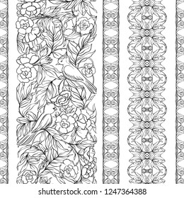  Seamless pattern, background with Floral pattern with birds in art nouveau style, vintage, old, retro style. Outline hand drawing vector illustration.
