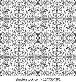  Seamless pattern, background with Floral pattern with birds in art nouveau style, vintage, old, retro style. Outline hand drawing vector illustration.
