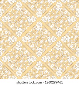  Seamless pattern, background with Floral pattern with birds in art nouveau style, vintage, old, retro style. Colored vector illustration. In soft yellow colors.