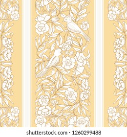  Seamless pattern, background with Floral pattern with birds in art nouveau style, vintage, old, retro style. Colored vector illustration. In soft yellow colors.