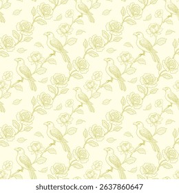 Seamless pattern, background with Floral pattern with birds and roses in art nouveau style, vintage, old, retro style. Colored vector illustration. In soft yellow colors