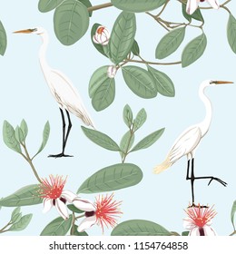 Seamless pattern, background with floral pattern with feijoa blooming flowers and herons. Vector illustration without gradients and transparency.  On blue background.