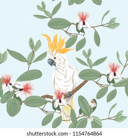 Seamless pattern, background with floral pattern with feijoa blooming flowers  and cockatoo parrot. Vector illustration without gradients and transparency.  On blue background.