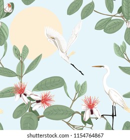 Seamless pattern, background with floral pattern with feijoa blooming flowers and herons. Vector illustration without gradients and transparency.  On blue background.