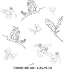 Seamless pattern, background with floral pattern with feijoa blooming flowers and herons. Vector illustration without gradients and transparency.  Outline drawing. 
