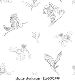 Seamless pattern, background with floral pattern with feijoa blooming flowers and herons and cockatoo parrot. Vector illustration without gradients and transparency.  Outline drawing. 