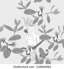 Seamless pattern, background with floral pattern with feijoa blooming flowers and  and cockatoo parrot. Vector illustration without gradients and transparency.  In monochrome gray colors