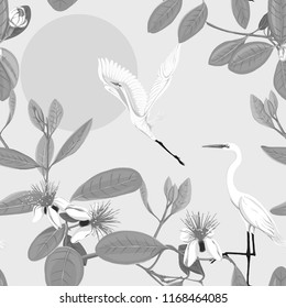 Seamless pattern, background with floral pattern with feijoa blooming flowers and herons. Vector illustration without gradients and transparency.  In monochrome gray colors