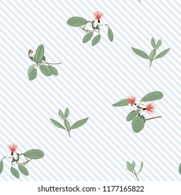Seamless pattern, background with floral pattern with feijoa blooming flowers. Vector illustration without gradients and transparency.  On blue and white diagonal stripes background.